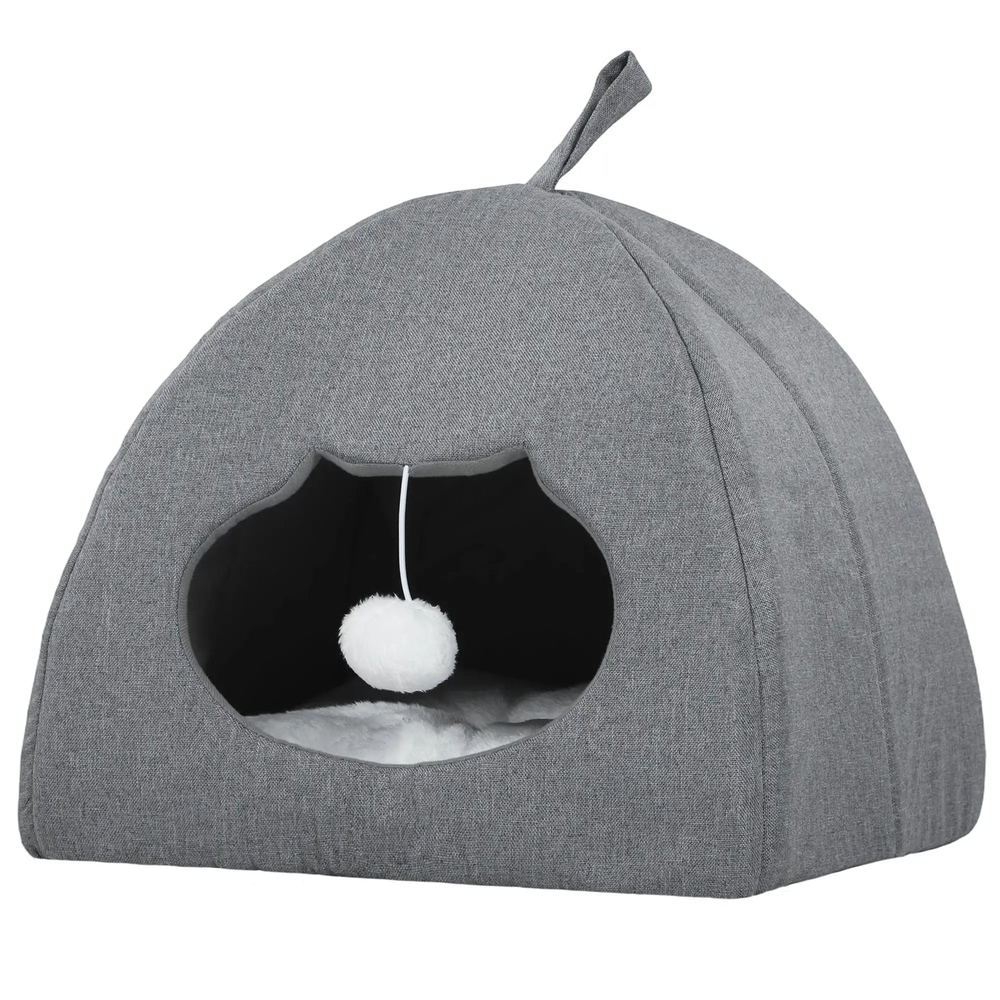 PawHut Cat Cave Bed for Indoor Kittens, Cat House with Removable Cushion and Teaser Ball, Kitty Igloo, Grey