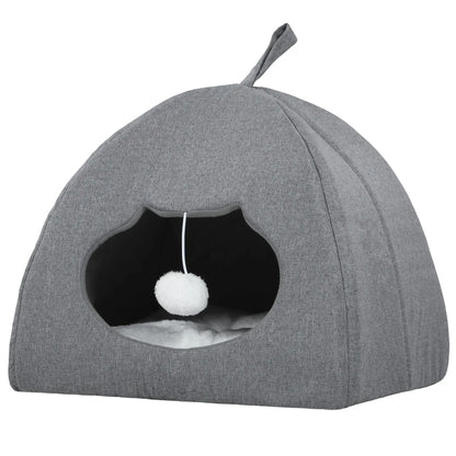 PawHut Cat Cave Bed for Indoor Kittens, Cat House with Removable Cushion and Teaser Ball, Kitty Igloo, Grey