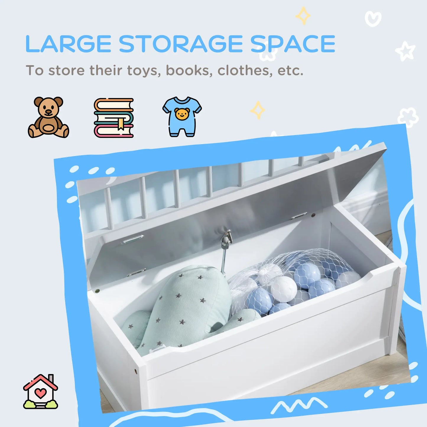 ZONEKIZ 2 In 1 Kids Storage Bench, Toy Box with Safety Rod - Grey