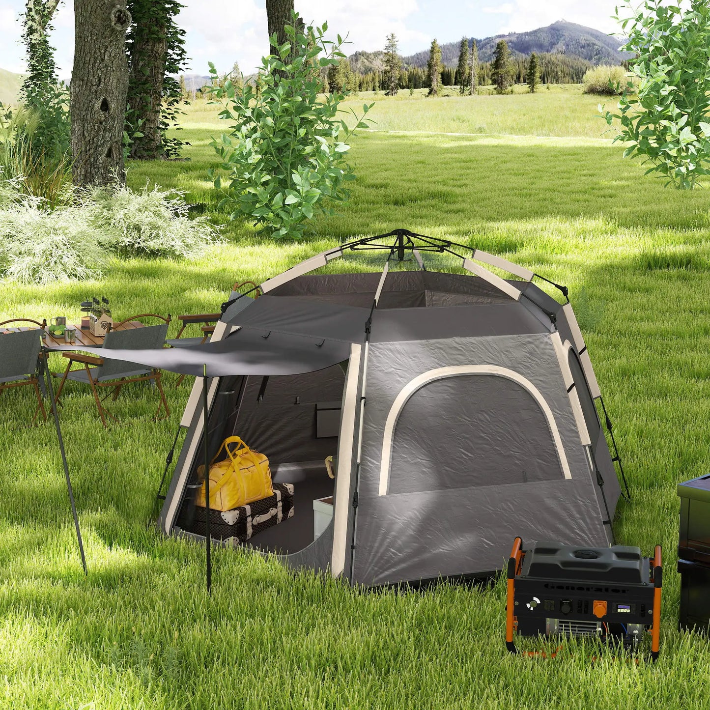 Outsunny Instant Camping Tent, Dome Family Tent with Vestibule, 4 Mesh Windows & 2 Doors, Waterproof & UV Protected, Dark Grey