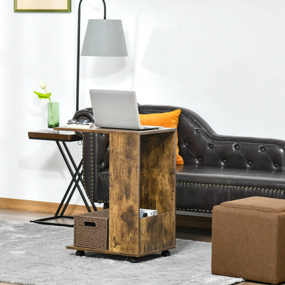 HOMCOM Mobile Sofa Side Table C-Shape End Table with Storage & Casters for Laptop Coffee Snack, Rustic Brown