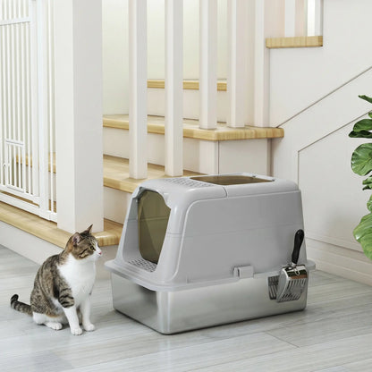 PawHut Extra Large Stainless Steel Litter Box, Enclosed Cat Litter Tray with Scoop, Deodorizer Bag, Front-Entry & Top-Exit