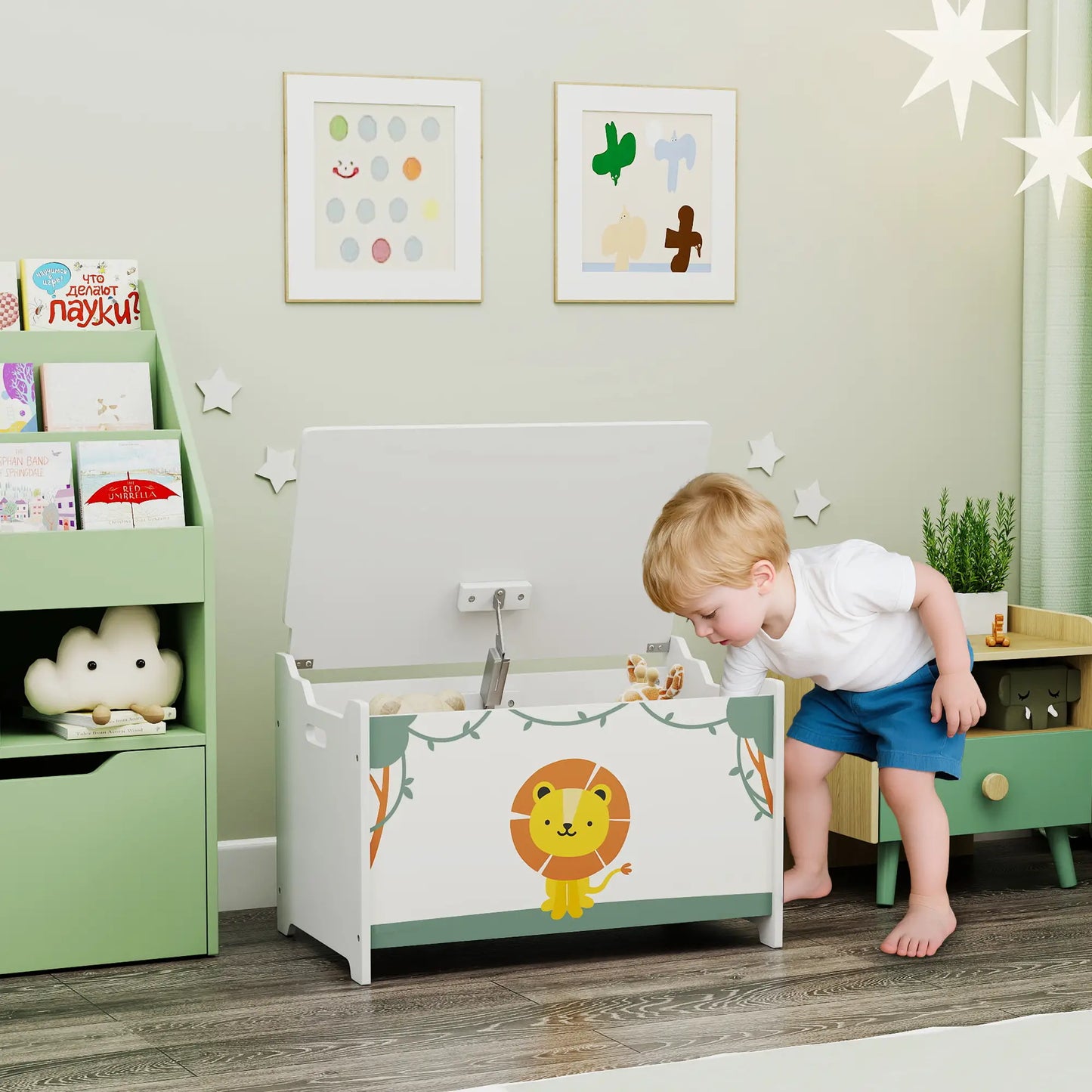 AIYAPLAY Toy Storage Organiser Box with Lid, Safety Hinges and Groove Handles for Kids, Playroom, Green