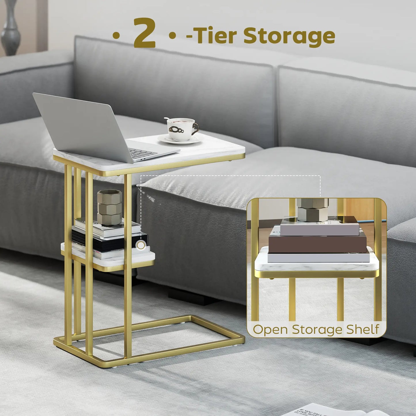 HOMCOM C-Shaped Narrow Side Table, 2-Tier Slim End, Nightstand for Living Room, Bedroom, White Marble Grain