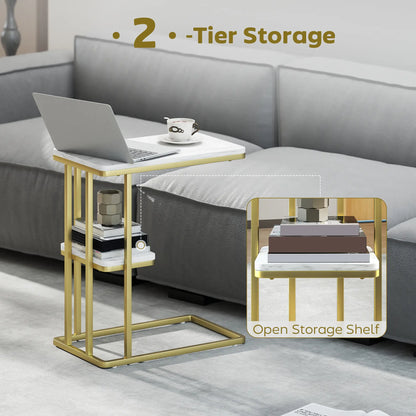 HOMCOM C-Shaped Narrow Side Table, 2-Tier Slim End, Nightstand for Living Room, Bedroom, White Marble Grain