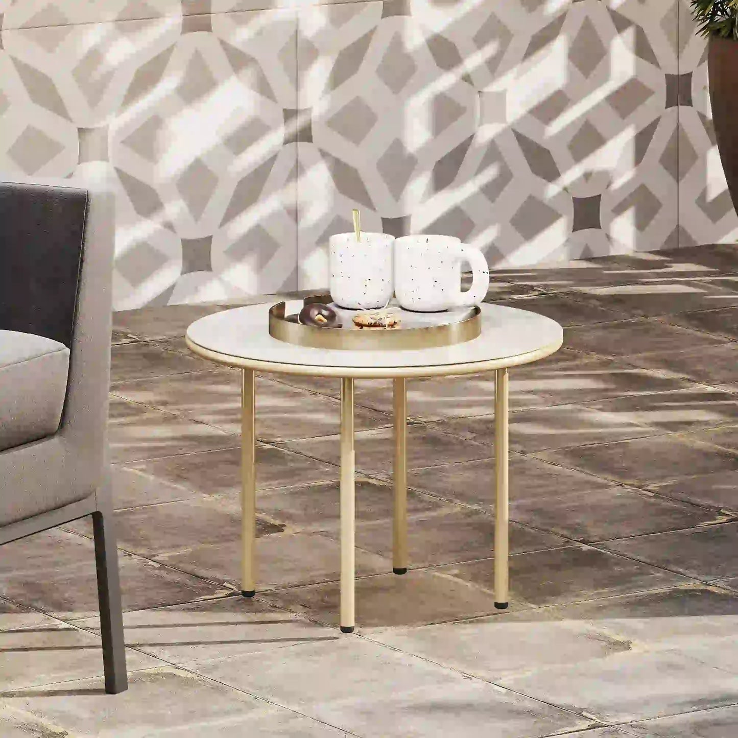 Outsunny Round Coffee Table, End Side Table with Faux Marble Tempered Glass Top, Steel Frame for Home, Office, Beige