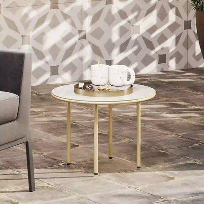 Outsunny Round Coffee Table, End Side Table with Faux Marble Tempered Glass Top, Steel Frame for Home, Office, Beige