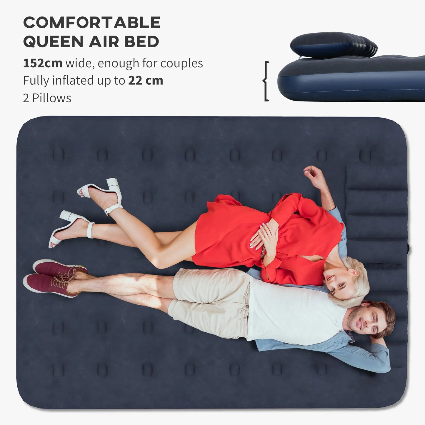 Outsunny Inflatable King Size Air Bed, with Built-In Hand Pump & Two Pillows - Blue