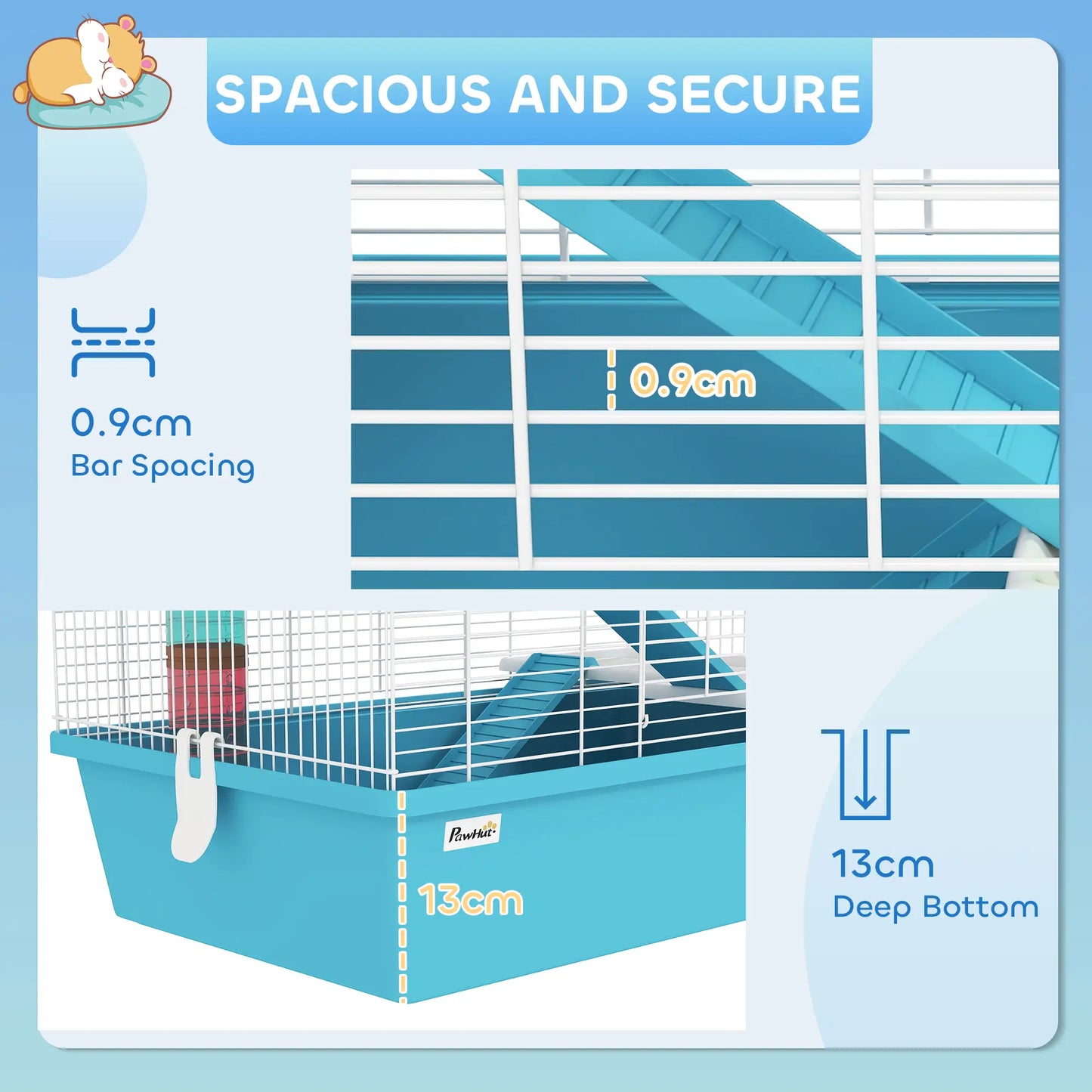 PawHut 4 Tier Hamster Cage w/ Tubes, Exercise Wheel, Hut, Water Bottle, Ramps for Dwarf Hamster, Light Blue