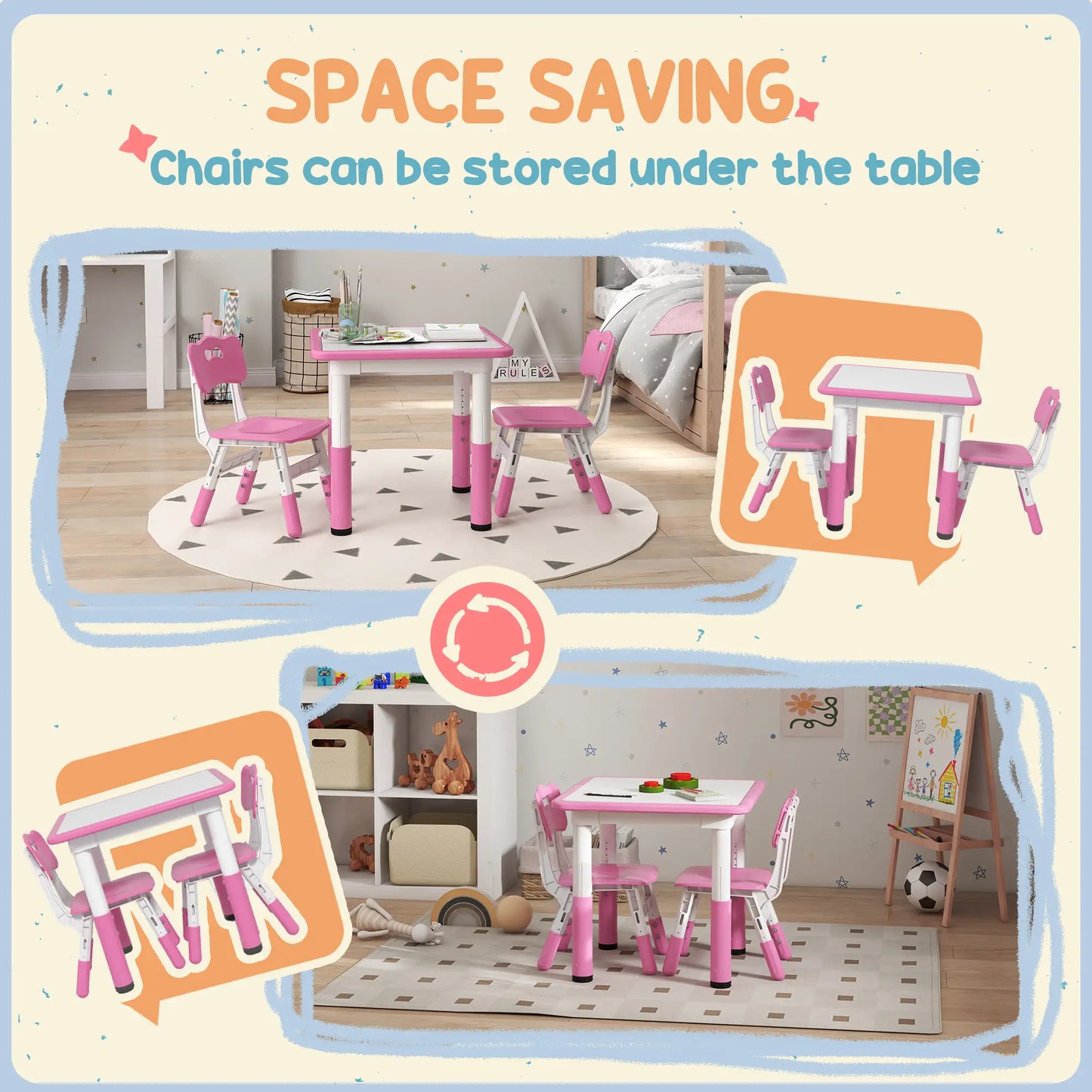 AIYAPLAY Height Adjustable Toddler Table and Chair Set, 3-Piece Children Activity Table w/ 2 Chairs for Playroom - Pink