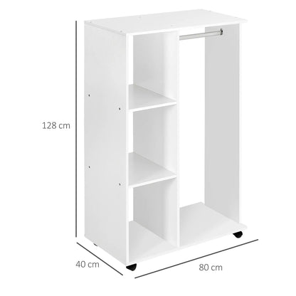 HOMCOM Open Wardrobe on Wheels, Bedroom Wardrobe with Clothes Hanging Rail, 3 Storage Shelves Rack, White