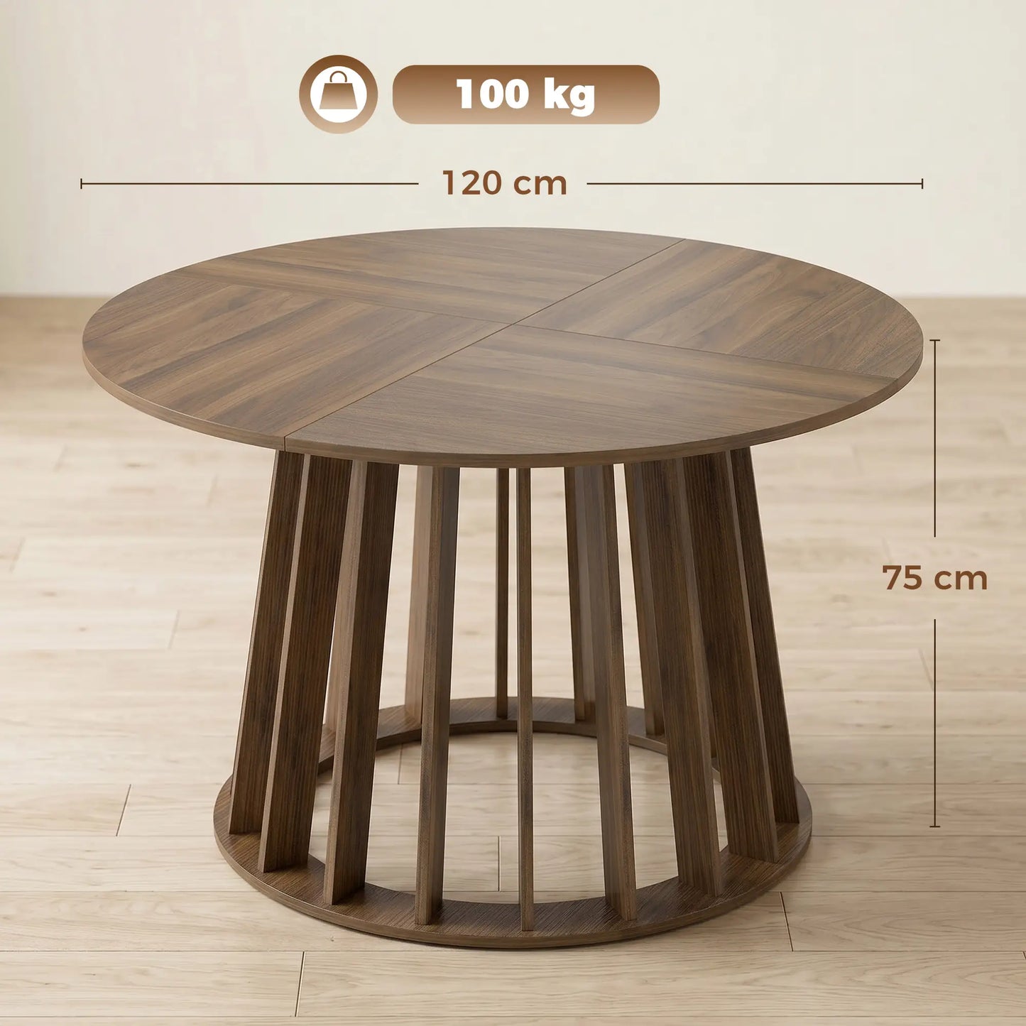 HOMCOM Round Dining Table for 4-6 People Modern Kitchen Table with Slatted Base, Light Walnut
