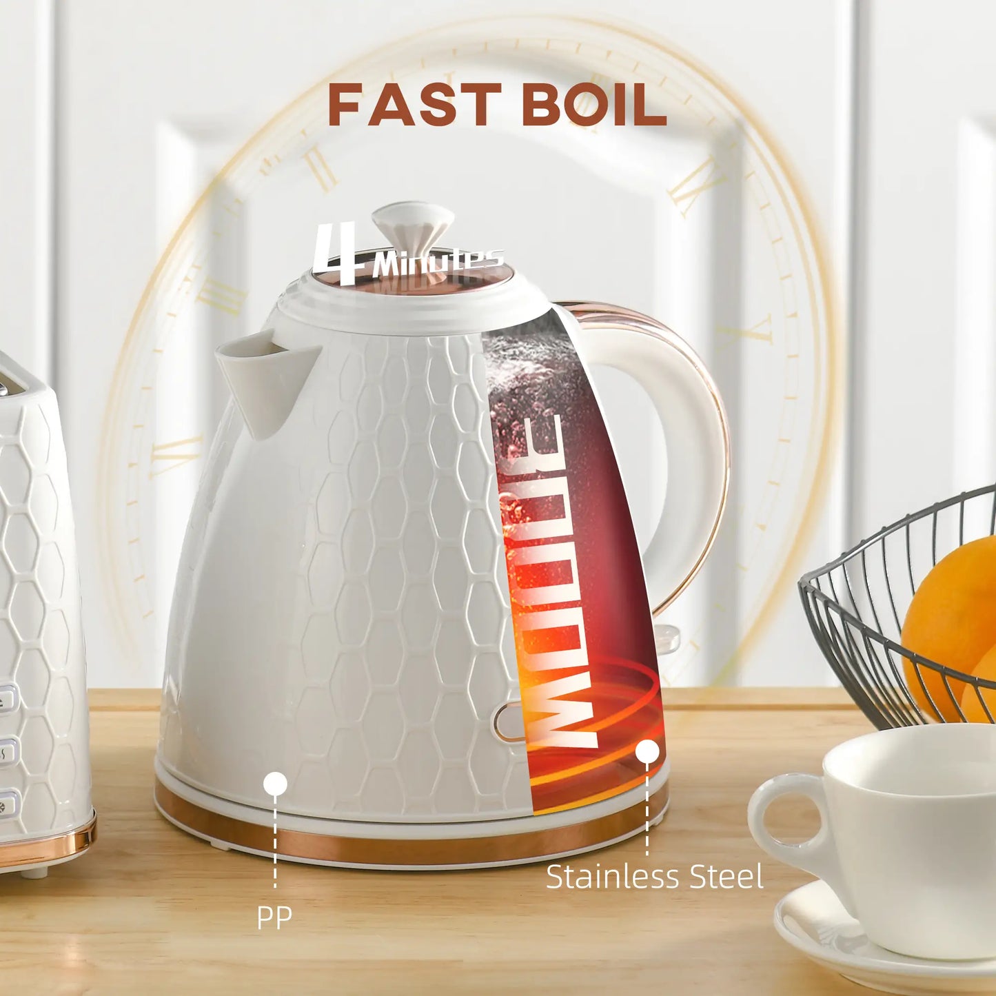 HOMCOM 3kW Rapid Boil Honeycomb Electric Kettle, 1.7L - Cream