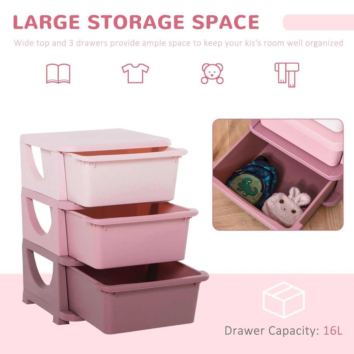 HOMCOM 3 Drawers Plastic Kids Storage Units, 3 Tier Children Toy Chest for Nursery, Playroom, Pink