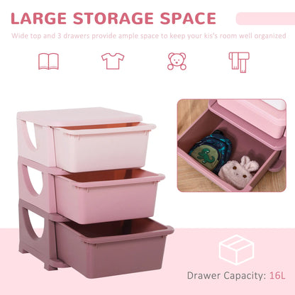 HOMCOM 3 Drawers Plastic Kids Storage Units, 3 Tier Children Toy Chest for Nursery, Playroom, Pink