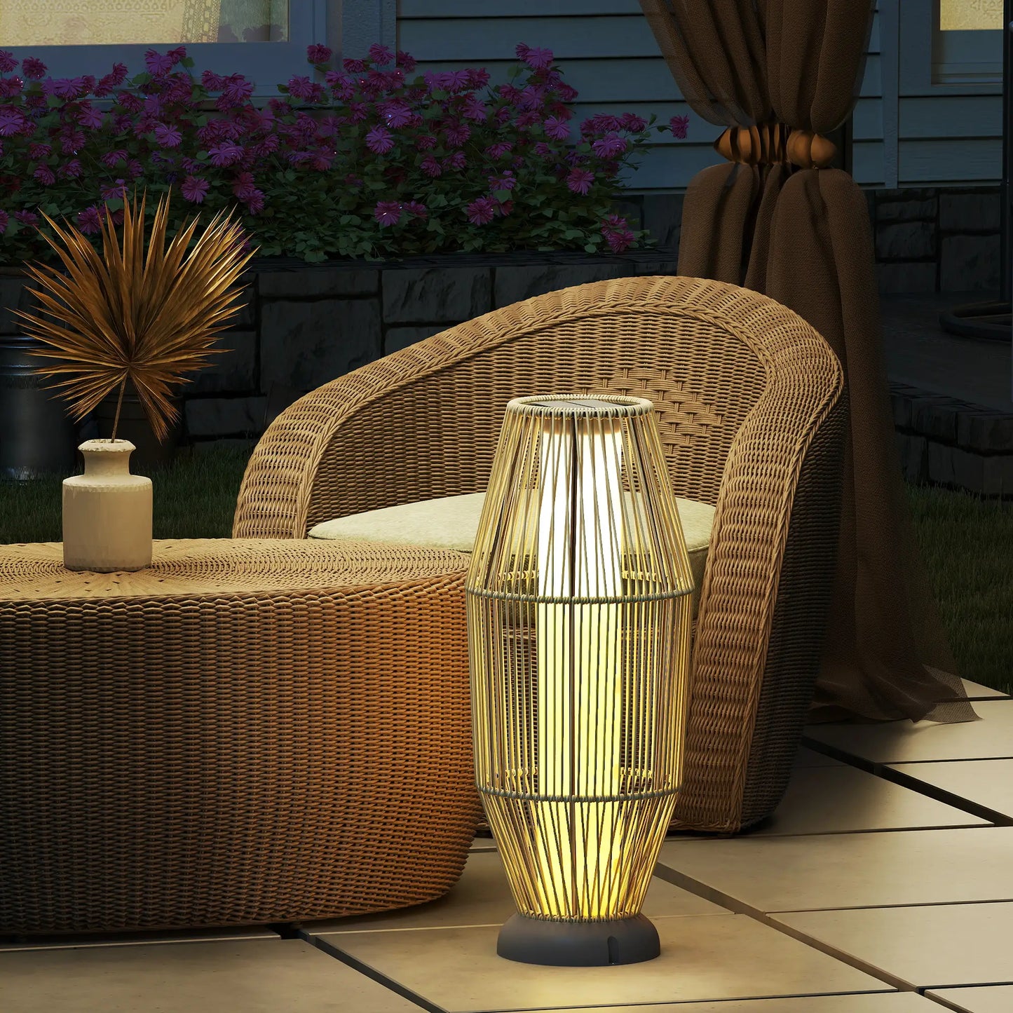 Outsunny Garden Rattan Lamp, Tall Solar Rattan Floor Lamp, Light with Auto On/Off LED, IP44 for Outdoor, Grey