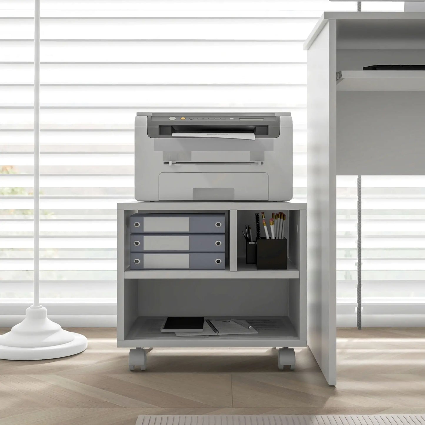 HOMCOM Three-Compartment Office Storage Printer Cabinet with Wheels - White