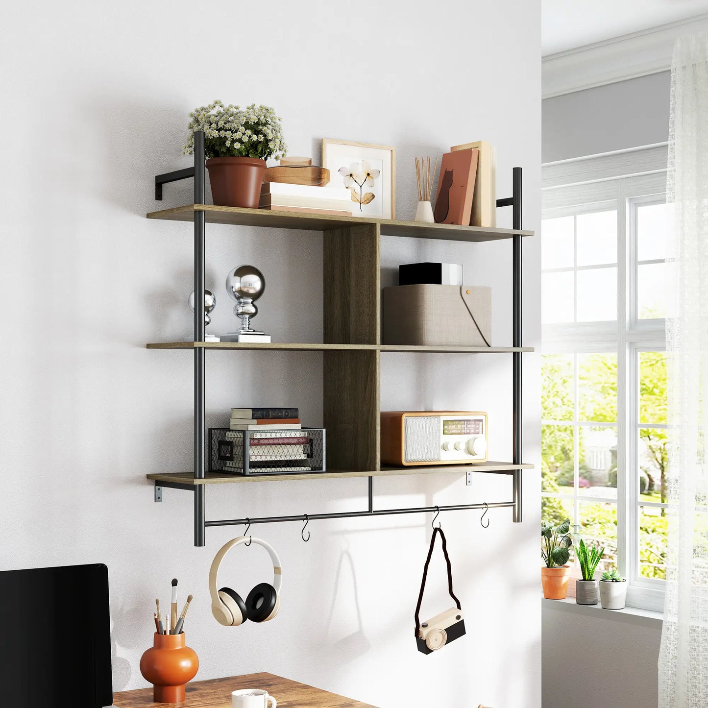 HOMCOM Three-Tier Floating Shelf Wall Mount Home Furniture - Grey Wood Effect