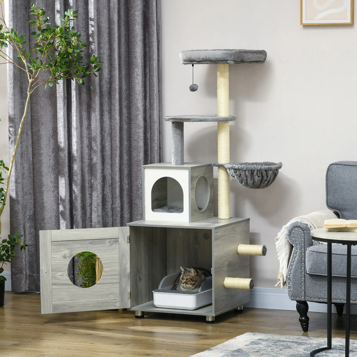 PawHut Enclosed Cat Litter Box with Cat House, Cat Bed, Scratching Posts for Indoor Cats - Grey