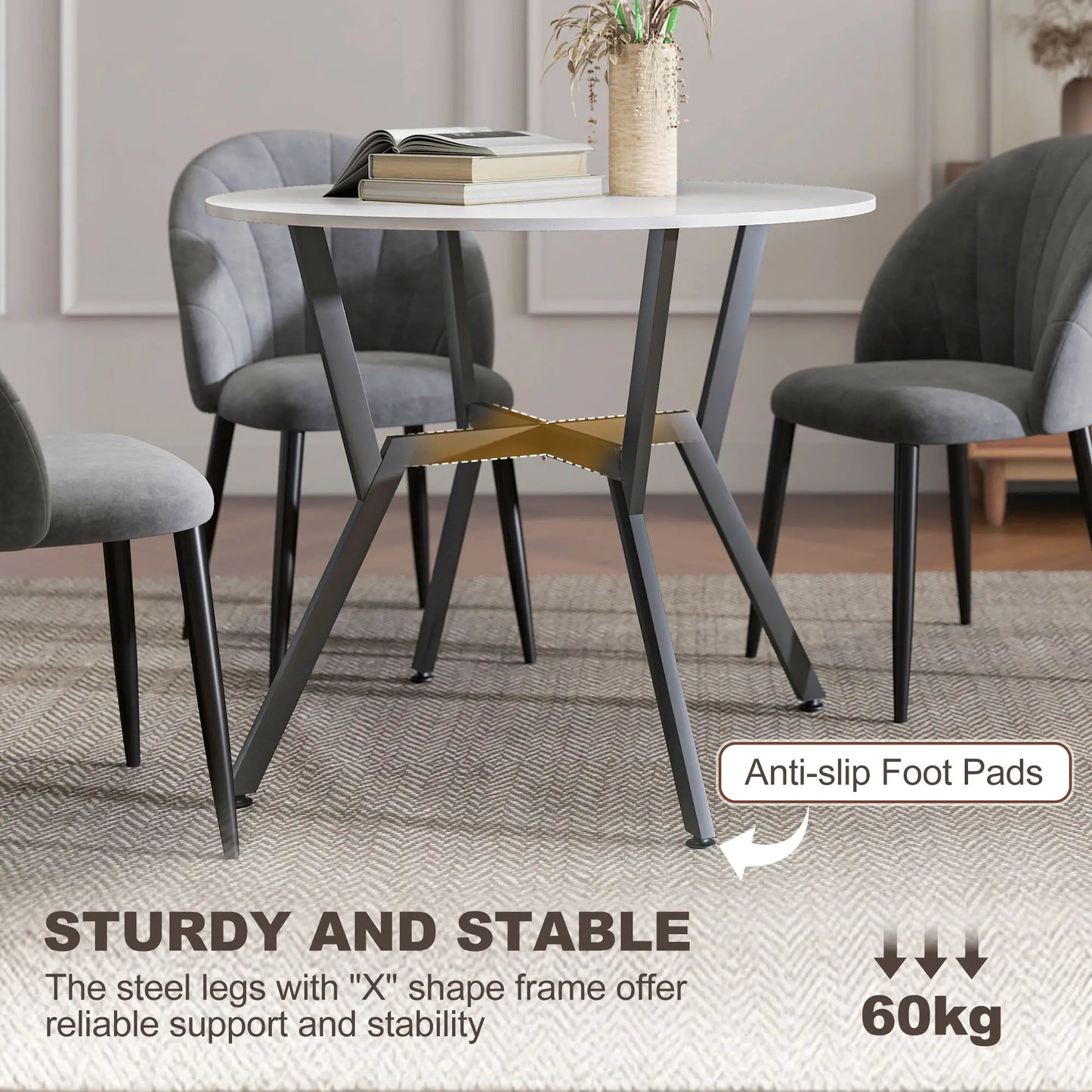 HOMCOM Dining Table, Round Kitchen Table with Black Legs, High Gloss White