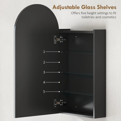 HOMCOM Arched Bathroom Mirror Cabinet with Adjustable Glass Shelves - Black