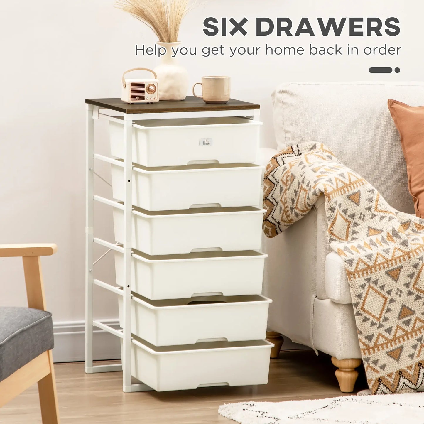 HOMCOM Bedroom Chest of Drawers, 6-Drawer Dresser, Tall Storage Drawer Unit with Steel Frame, White