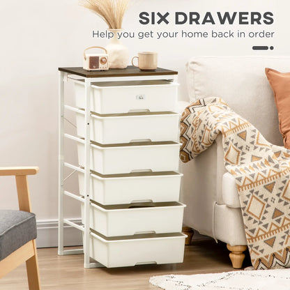 HOMCOM Bedroom Chest of Drawers, 6-Drawer Dresser, Tall Storage Drawer Unit with Steel Frame, White