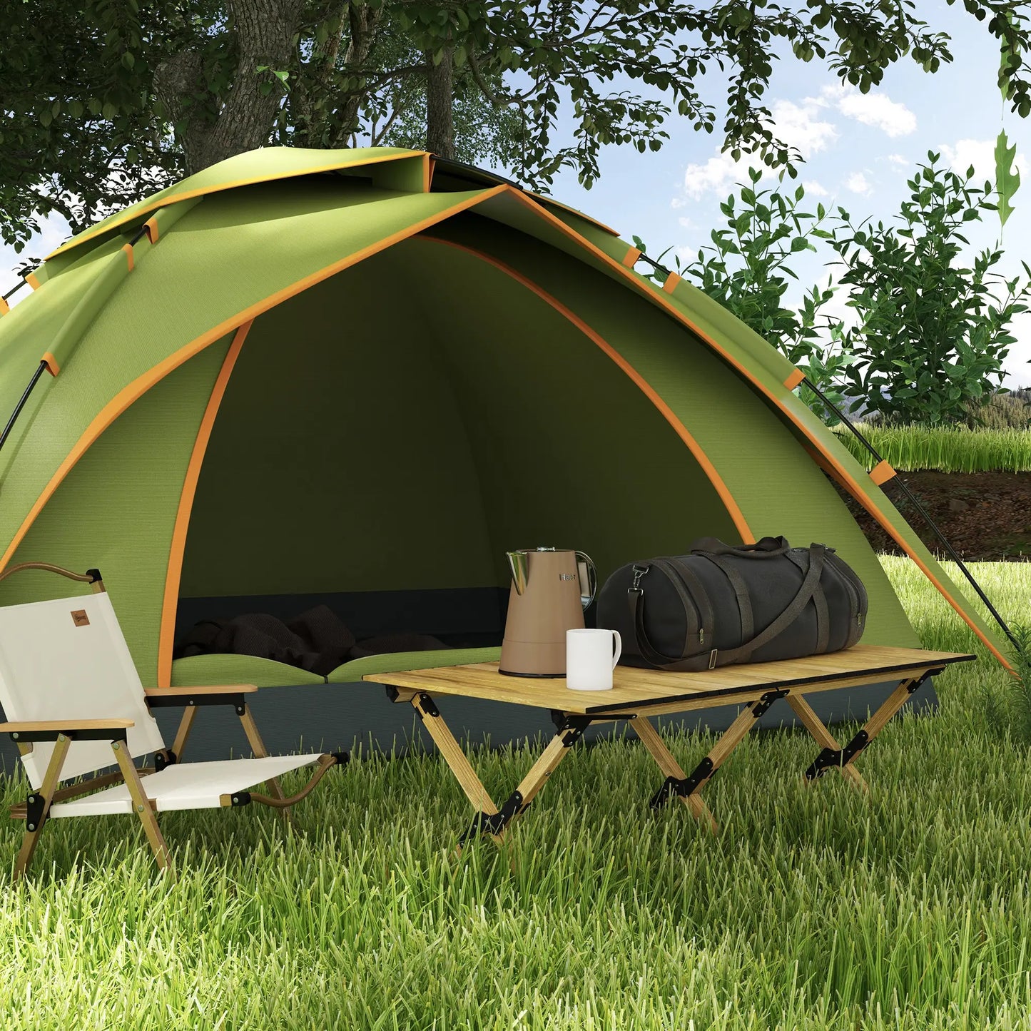 Outsunny 4ft Aluminium Portable Folding Camping Table with Roll-Up Top, Picnic Table for Indoor, Outdoor, Party, BBQ, Wood Effect