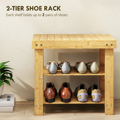 HOMCOM Two Shelf Bamboo Shoe Storage Bench Home Furniture - Natural Finish