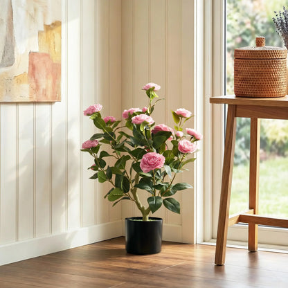 HOMCOM Artificial Camellia Flower Plant in Pot with 116 Lush Leaves & Moss Effect, Pink