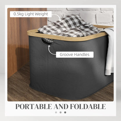 HOMCOM 36L Foldable Laundry Basket, with Bamboo Top Portable and Foldable - Black