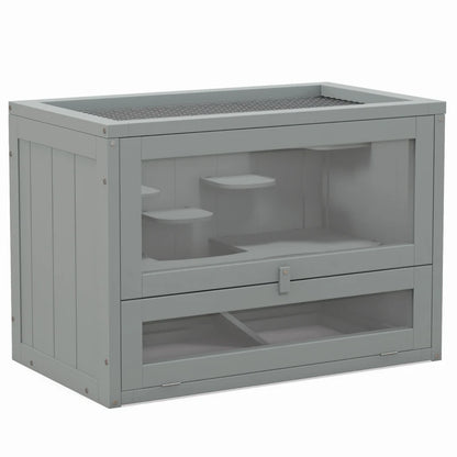 PawHut Wooden Hamster Cage Mouse Mice Rodent Small Animals Hutch Play House 60 x 35 x 42cm, Grey