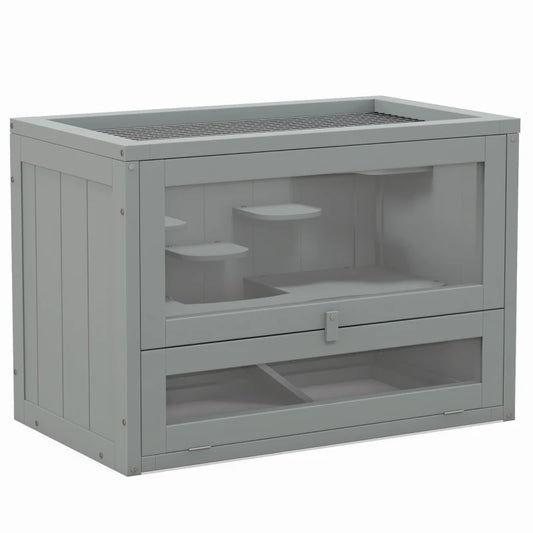 PawHut Wooden Hamster Cage Mouse Mice Rodent Small Animals Hutch Play House 60 x 35 x 42cm, Grey