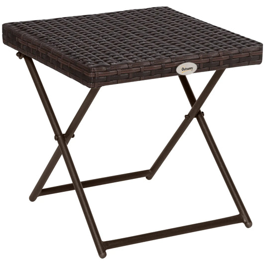 Outsunny Folding Rattan Garden Coffee Table, Small Square Outdoor Bistro Side Table for Patio, Balcony, Porch, Brown