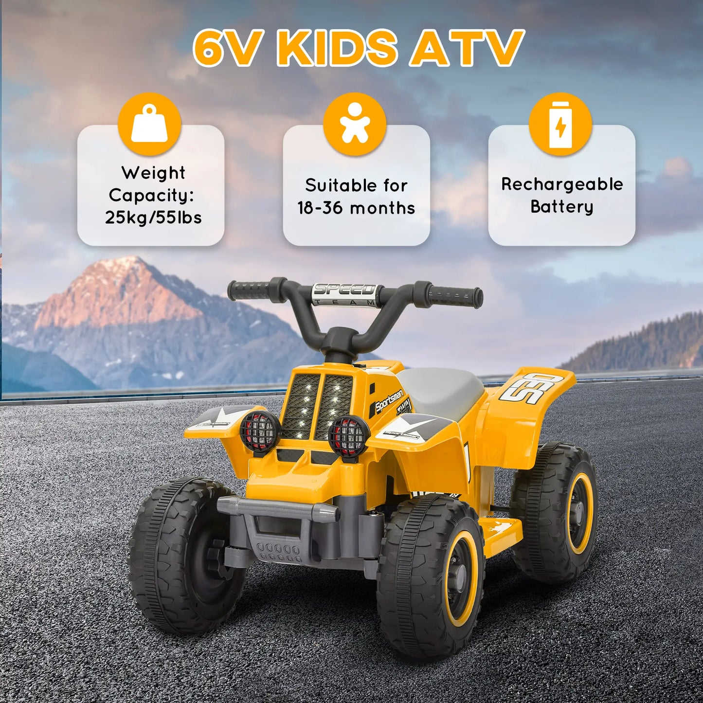 AIYAPLAY 6V Electric Quad Bike for Kids, Ride On ATV w/ Forward Backward, Headlights, for 18-36 Months, Yellow