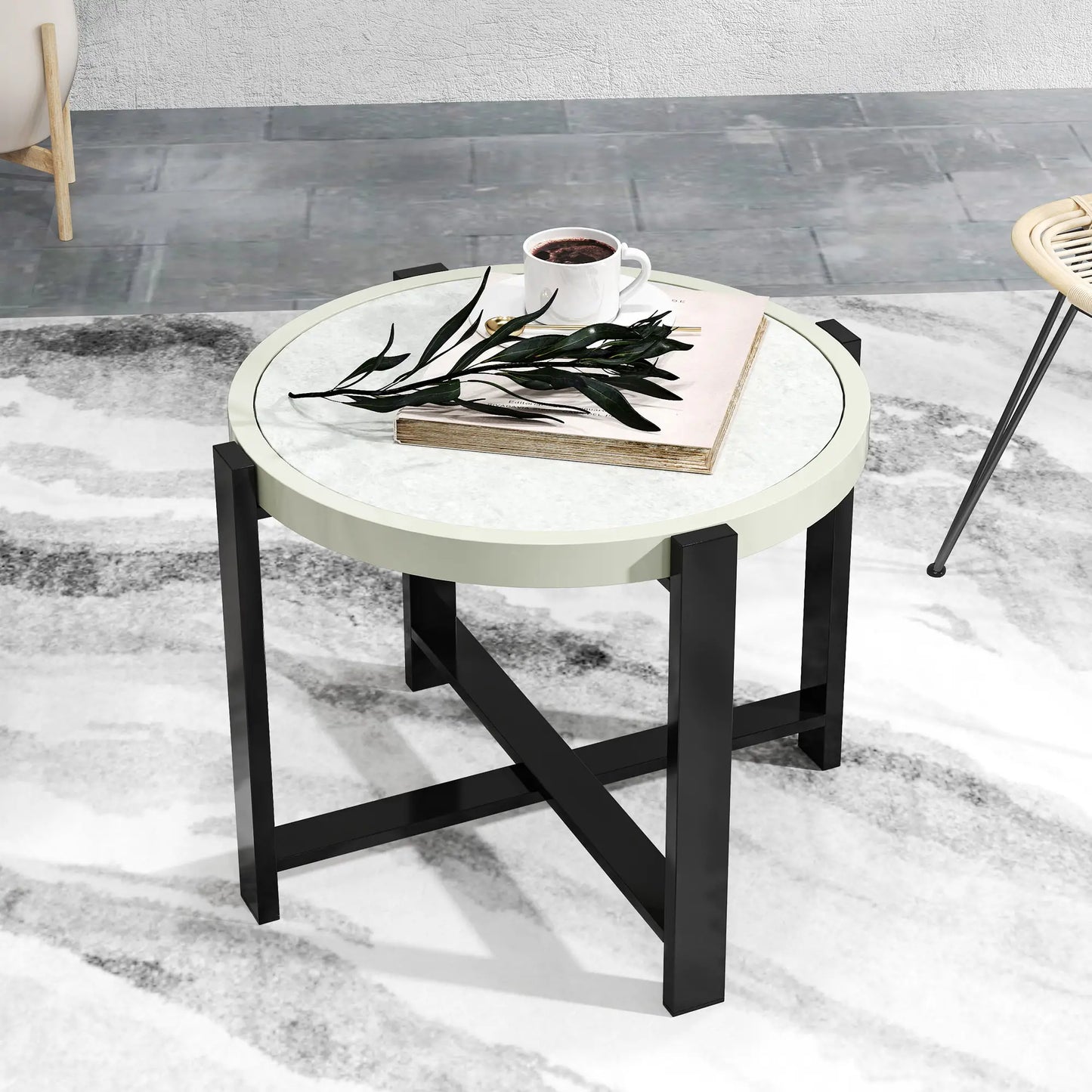 Outsunny Round Small Garden Outdoor Side Table with Faux Marble Tempered Glass Top, Aluminium Frame, Light Grey