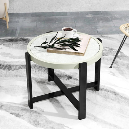 Outsunny Round Small Garden Outdoor Side Table with Faux Marble Tempered Glass Top, Aluminium Frame, Light Grey
