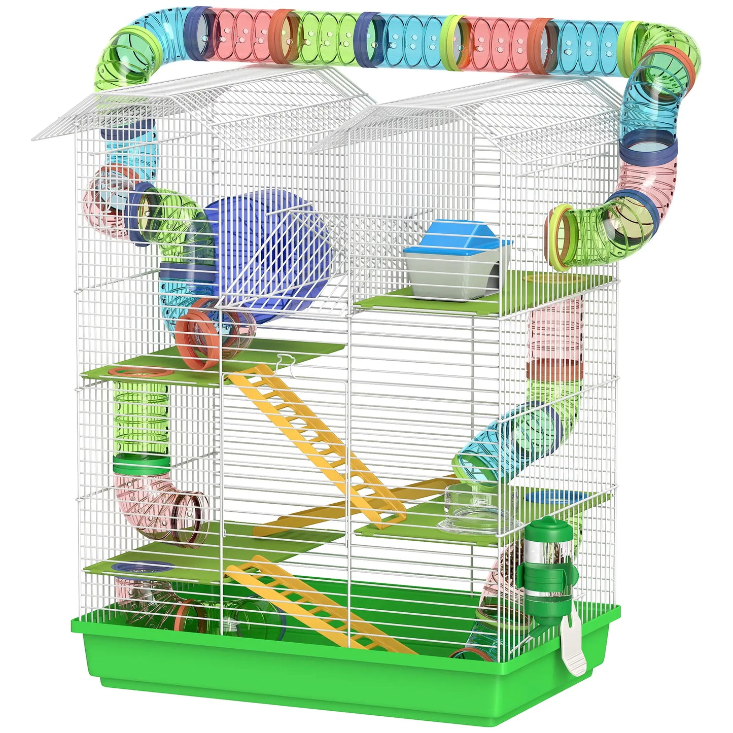 PawHut Hamster Cage, 5 Tier Carrier Habitat with Exercise Wheels Tunnel Tube, Gerbil Cage for Dwarf Mice, Green