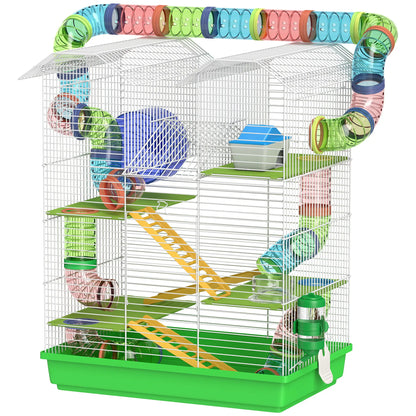 PawHut Hamster Cage, 5 Tier Carrier Habitat with Exercise Wheels Tunnel Tube, Gerbil Cage for Dwarf Mice, Green