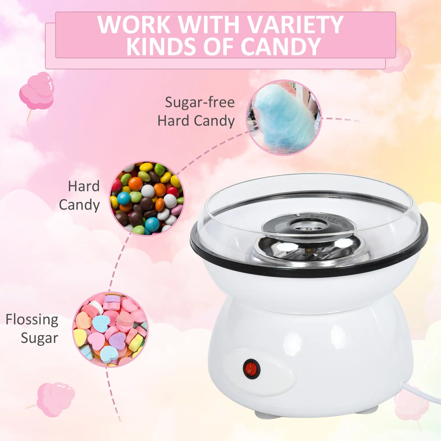 HOMCOM Candy Floss Machine, Automatic Cotton Candy Sweet Machine with Candyfloss Sticks, Non-Slip Base, White