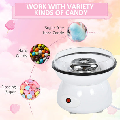 HOMCOM Candy Floss Machine, Automatic Cotton Candy Sweet Machine with Candyfloss Sticks, Non-Slip Base, White