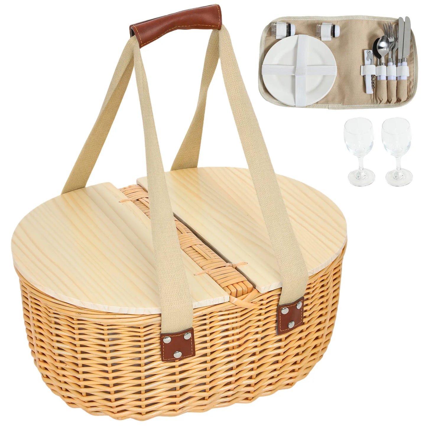 Outsunny Wicker Picnic Basket for 2 with Pine Wood Lid, Picnic Hamper with Cooler Compartment, Carry Handle for Camping, Outdoor, Light Brown