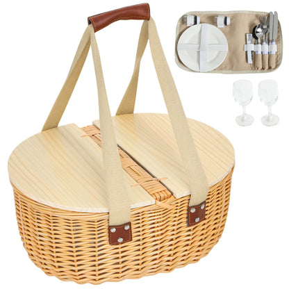 Outsunny Wicker Picnic Basket for 2 with Pine Wood Lid, Picnic Hamper with Cooler Compartment, Carry Handle for Camping, Outdoor, Light Brown