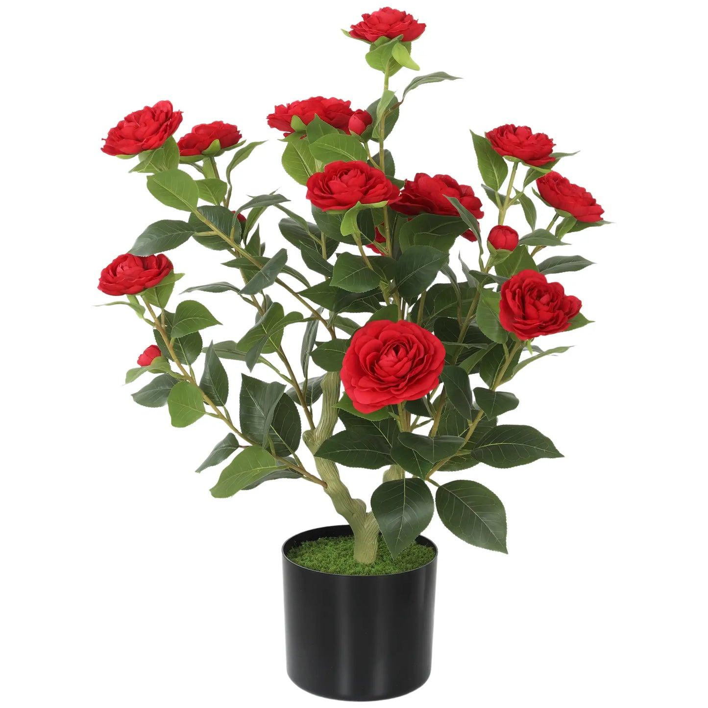 HOMCOM Artificial Camellia Flower Plant in Pot with 116 Lush Leaves & Moss Effect, Red