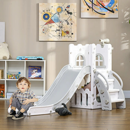 AIYAPLAY 4 in 1 Toddler Slide with Basketball Hoop, Climber, Telescope, Storage Basket, 1-3 Years, Grey