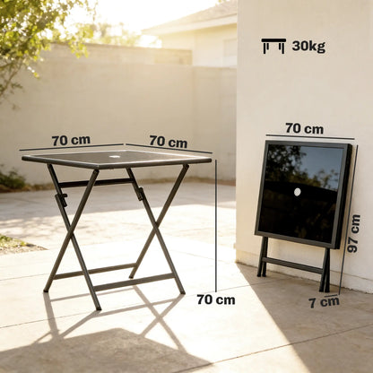 Outsunny Folding Outdoor Dining Table, Square Garden Patio Table Tempered Glass Top with Parasol Hole, Black