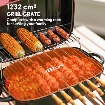 Outsunny Charcoal Barbecue Grill Folding BBQ Grill with Adjustable Vent, Thermometer, Handles for Camping Picnic, Red