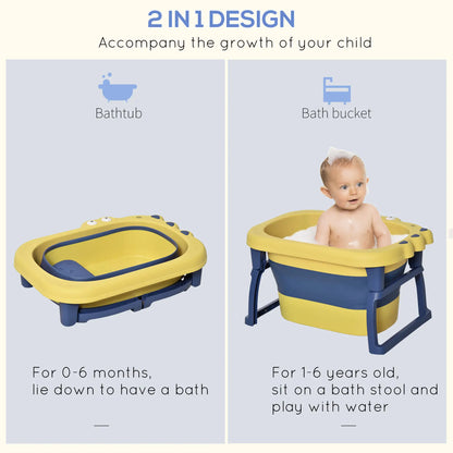 HOMCOM Baby Bathtub for 0-6 Years Collapsible Non-Slip with Stool Seat for Newborns Infants Toddlers Kids - Yellow