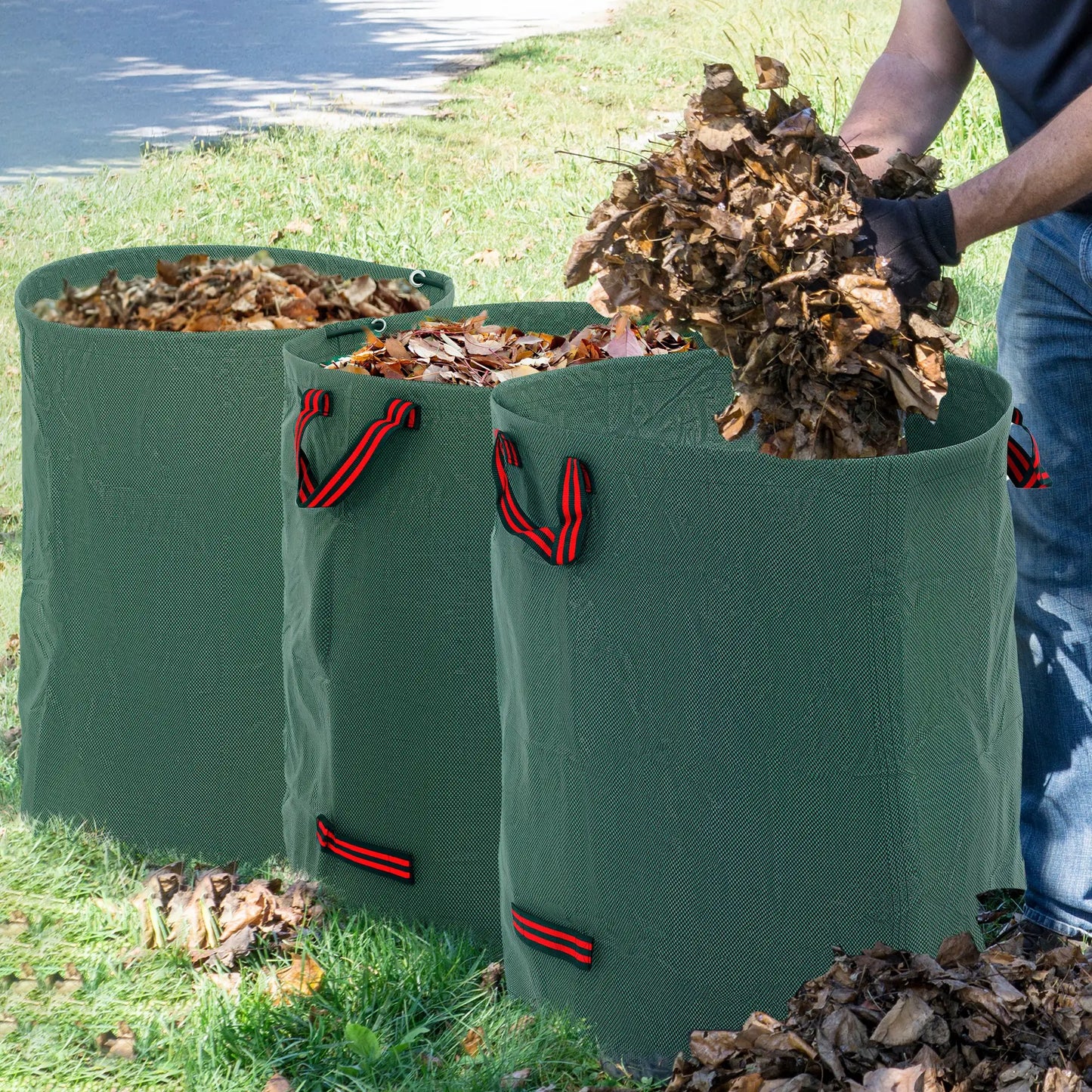 Outsunny Garden Waste Bags, 300L x 3 Heavy Duty, Foldable and Reusable Waste Sacks with Handles for Loading Leaf, Green