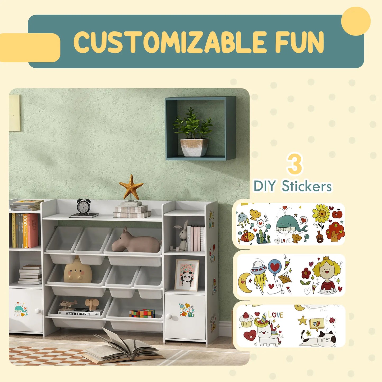 AIYAPLAY Kids Toy Organizers with 8 Removable Storage Bins and Bookshelf, White
